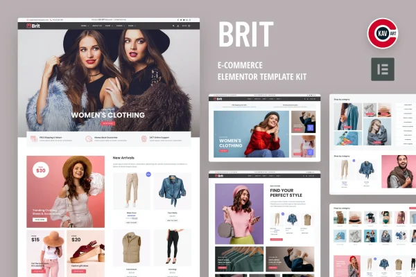 Brit WooCommerce Elementor Pro template kit preview showing minimal store page layouts