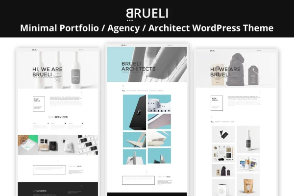 Brueli WordPress theme preview with a minimal architecture portfolio layout