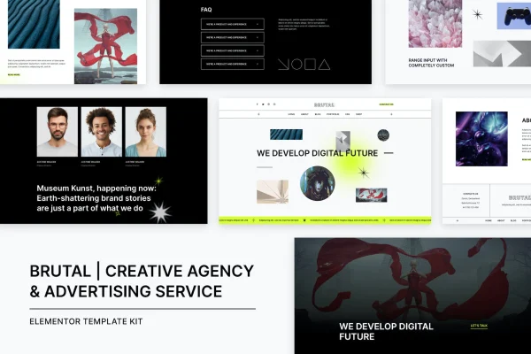 Brutal creative agency and advertising Elementor template kit preview