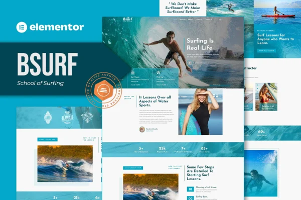 Bsurf surfing school Elementor template kit preview with ocean-inspired page designs
