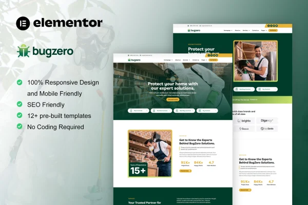 BugZero pest control service Elementor Pro template kit preview