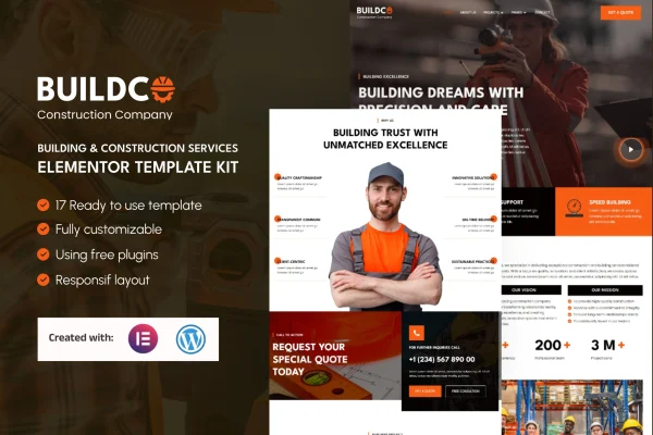 Buildco construction services Elementor template kit preview