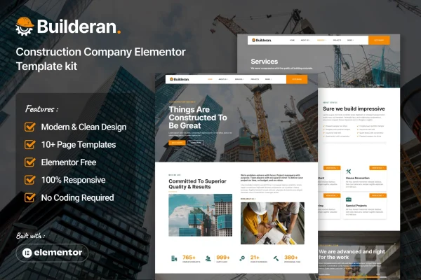 Builderan construction company Elementor template kit preview