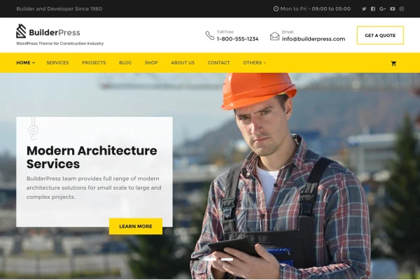 BuilderPress construction WordPress theme preview with project and service pages