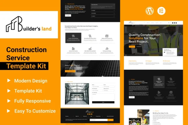Builders Land construction and building Elementor template kit preview