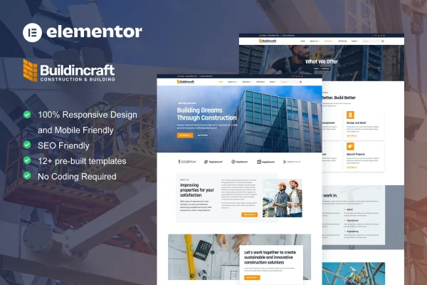 BuildinCraft construction and building Elementor template kit cover image