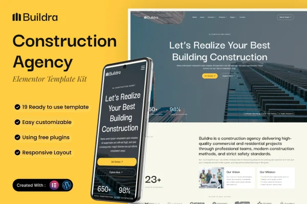 Buildra construction agency Elementor template kit preview