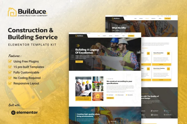 Builduce construction and building service Elementor template kit preview