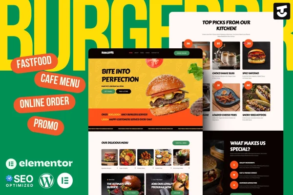 Burgerr fast food restaurant Elementor template kit preview