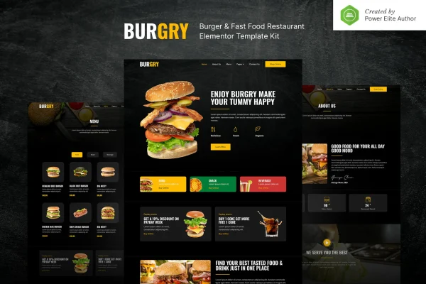 Burgry burger and fast food restaurant Elementor template kit preview