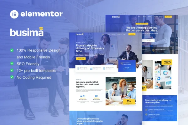 Busima business consultant Elementor template kit preview showing page layouts