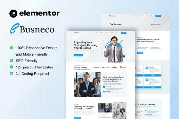 Busneco business coach and consulting Elementor template kit preview