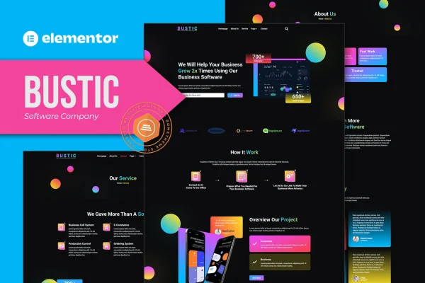 Bustic Elementor template kit preview for a tech and software company website