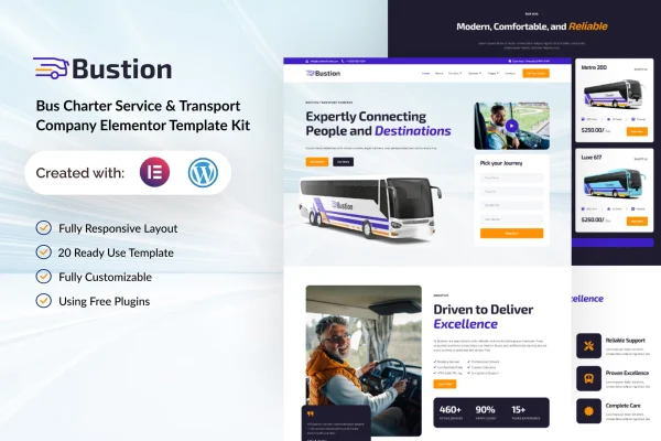 Bustion bus charter and transport company Elementor template kit preview