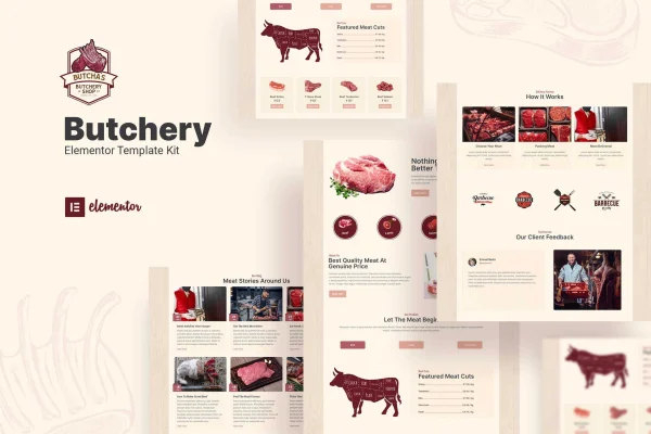 Butcha butchery shop Elementor template kit preview with meat shop page layouts