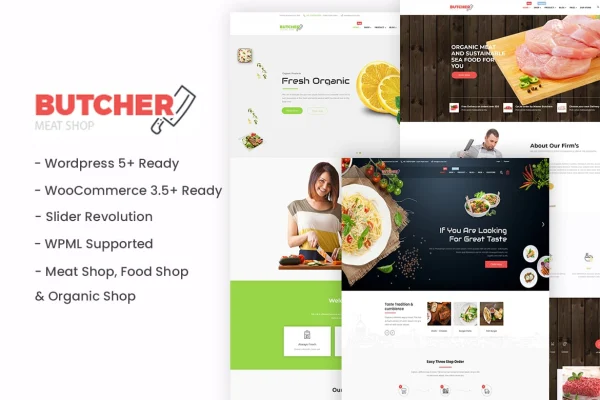 Butcher Theme preview showing a meat shop and bakery WordPress website design