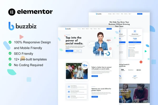 BuzzBiz social media marketing agency Elementor Pro template kit preview