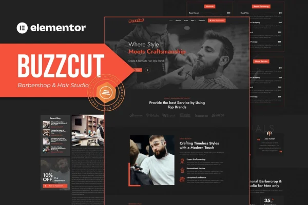 Buzzcut barbershop and hair studio Elementor Pro template kit preview