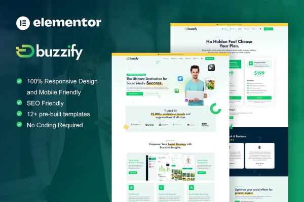 Buzzify social media marketing agency Elementor template kit preview