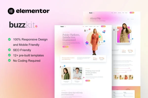 Buzzkit Elementor template kit preview for influencer and creative agency websites