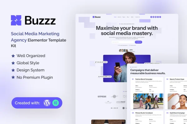 Buzzz Elementor template kit preview for a social media marketing agency website
