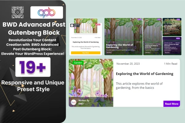 BWD Advanced Post Block plugin banner showing blog post grid and list layouts