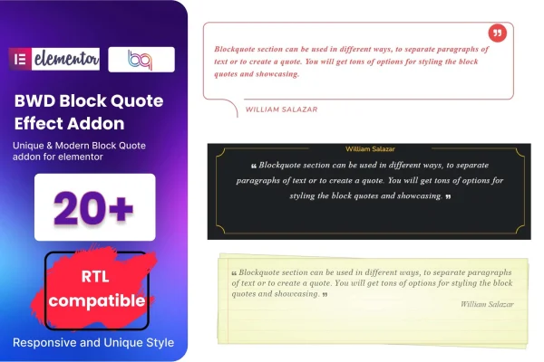 BWD Blockquote plugin banner showing styled block quote designs for Elementor