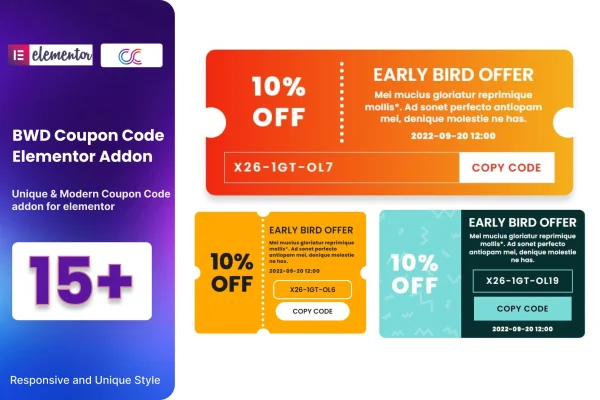 BWD Coupon Code plugin banner showing coupon code section designs for Elementor