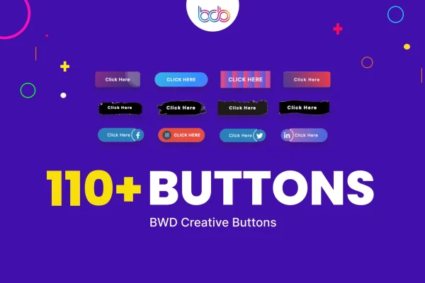 BWD Creative Buttons plugin banner showing styled Elementor buttons