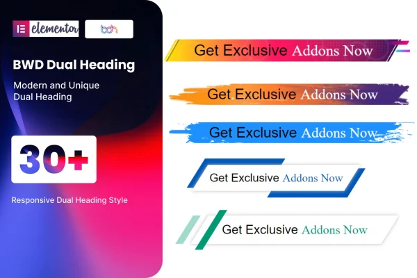 BWD Dual Heading plugin banner showing two-tone Elementor headings