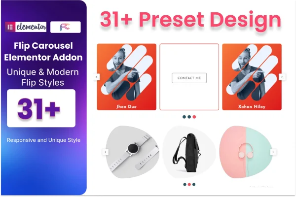 BWD Flip Box Carousel plugin banner showing flip carousel designs for Elementor