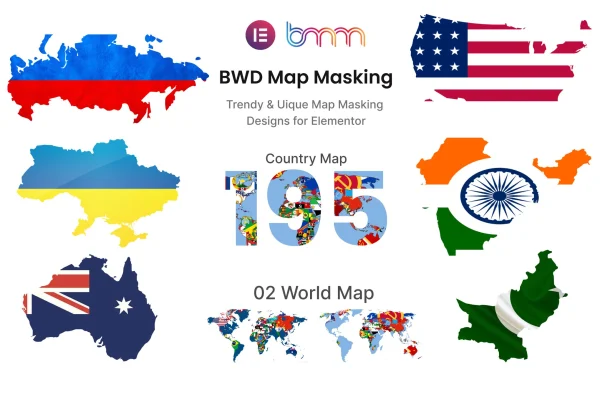 BWD Map Masking Elementor addon banner with country-shaped image masks