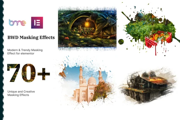 BWD Masking Effects plugin banner showing masked shapes for Elementor