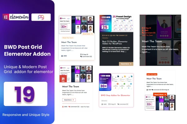 BWD Post Grid plugin banner showing blog post grid layouts for Elementor