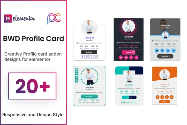 BWD Profile Card plugin banner showing profile card designs for Elementor