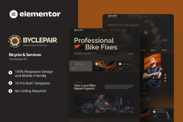 Byclepair bicycle shop and repair Elementor template kit preview