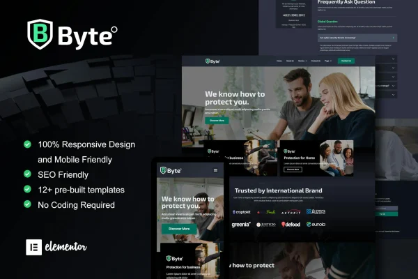 Byte cyber security Elementor template kit preview with dark-themed page layouts