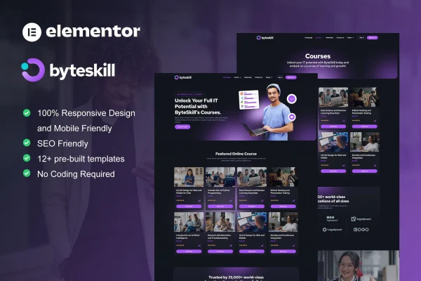 ByteSkill IT online course Elementor template kit preview with dark themed pages
