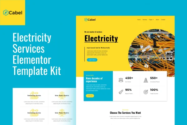 Cabel electricity services Elementor template kit preview showing an electrician business homepage