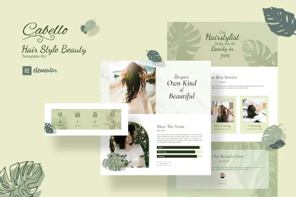 Cabello professional stylist Elementor template kit preview showing salon website pages