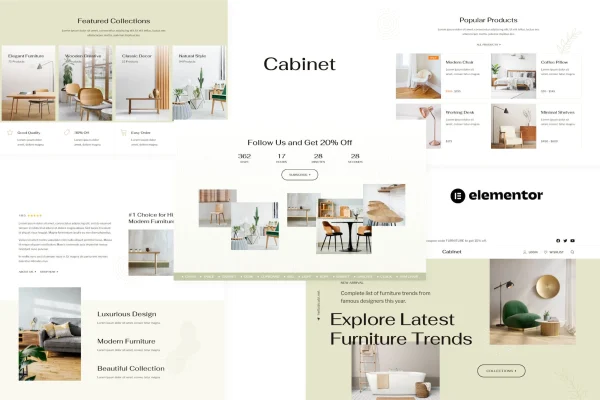 Cabinet furniture store Elementor template kit preview with earth-tone page layouts