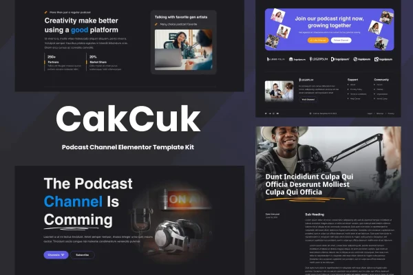 CakCuk podcast channel Elementor template kit cover showing website page layouts