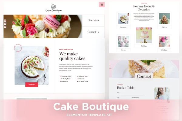 Cake Boutique Elementor template kit preview with bakery website page designs