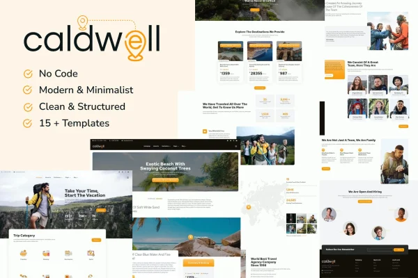 Caldwell Tour & Travel Elementor template kit cover with travel website page previews