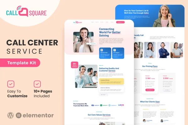 Call Square call center and support company Elementor template kit preview