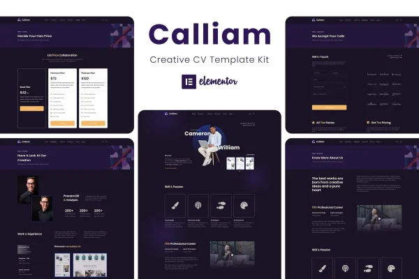 Calliam creative CV Elementor template kit preview with resume and portfolio pages