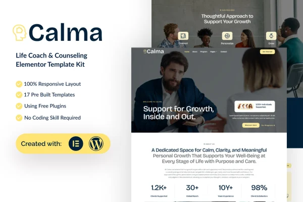 Calma life coach and counseling Elementor template kit preview