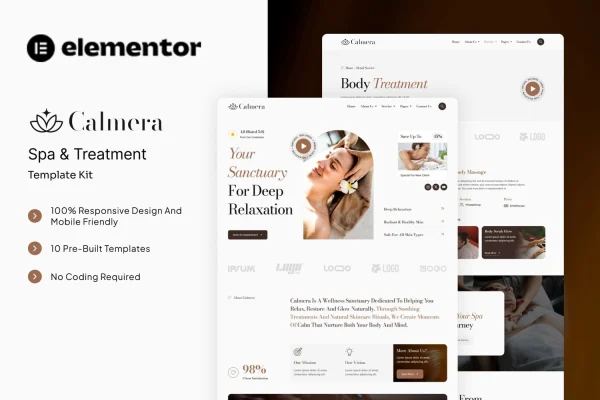 Calmera spa and treatment Elementor template kit preview