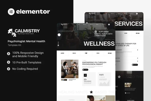 Calmistry Elementor template kit preview for a psychologist and mental health website