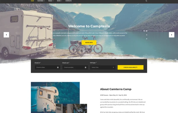 Campterra camping WordPress theme preview with campground booking homepage